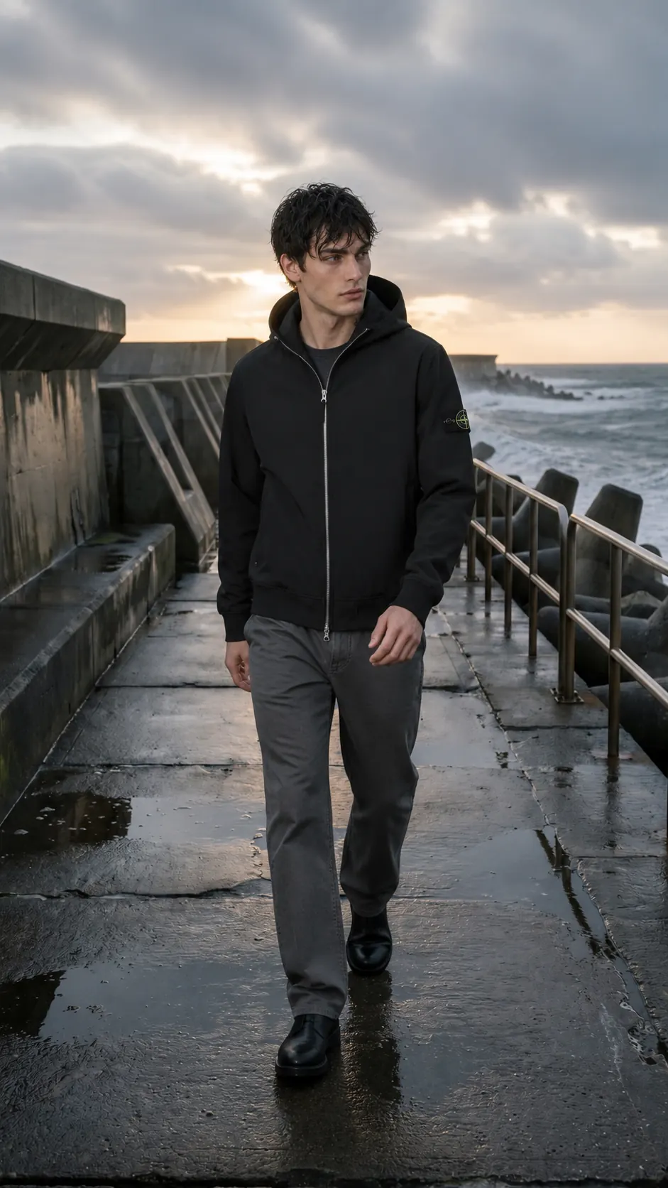 Internal AI fashion campaign anchor hero in a wet coastal setting