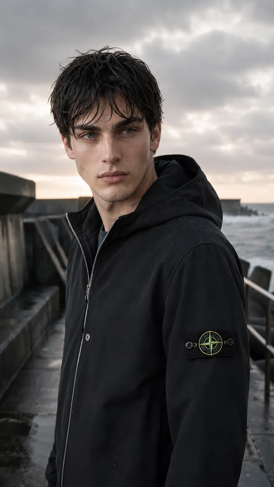 Internal AI fashion campaign close portrait with consistent character and outerwear